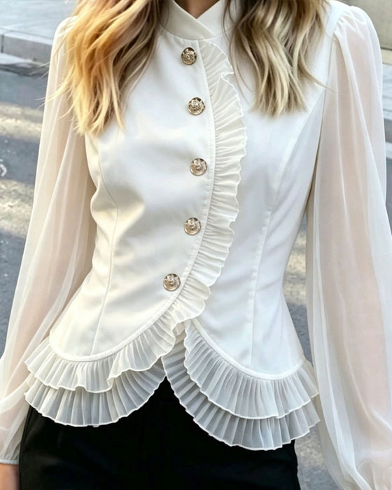 Bluse Mini Mandarin Krage Sheer Ruffle