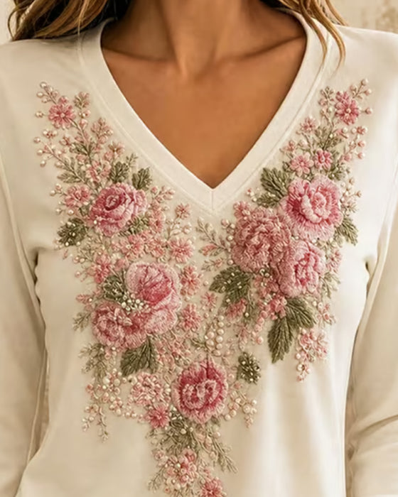 T-Shirt Lang Erme V-Hals Blomstret
