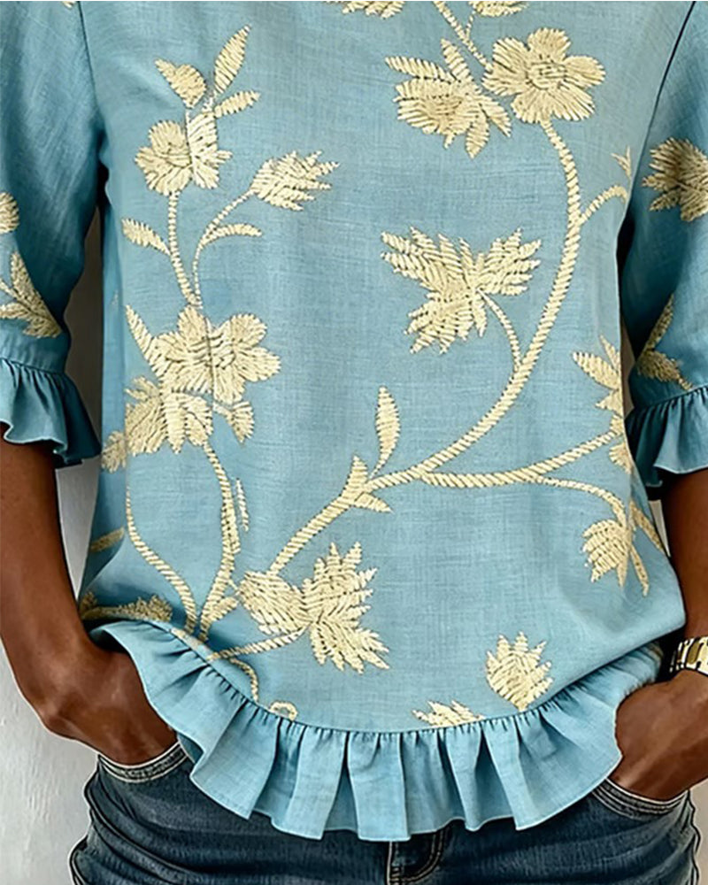 Bluse Jasmin Rysje Rund Hals Halvlang Erme