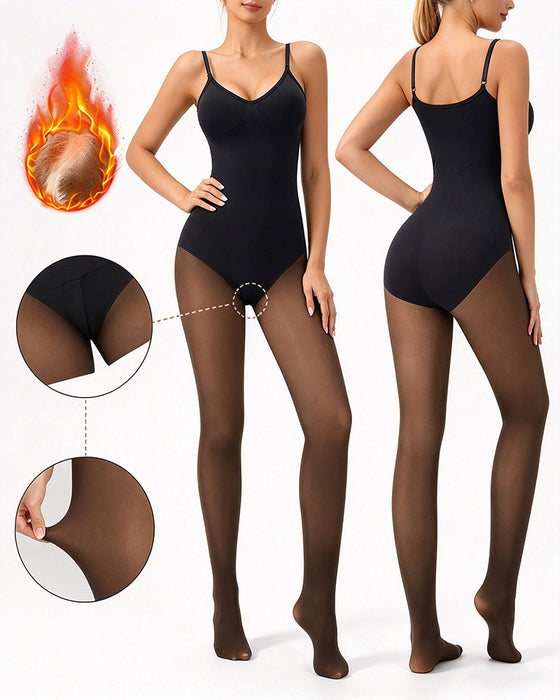 Gjennomsiktig Panel Med Fleeceforet Tights Stay-Warm Magekontroll Sheer Effekt Tights Bodysuit Svart Basic