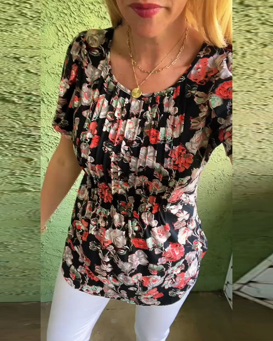 Bluse Rund hals Bufset erme Plissert Blomstret
