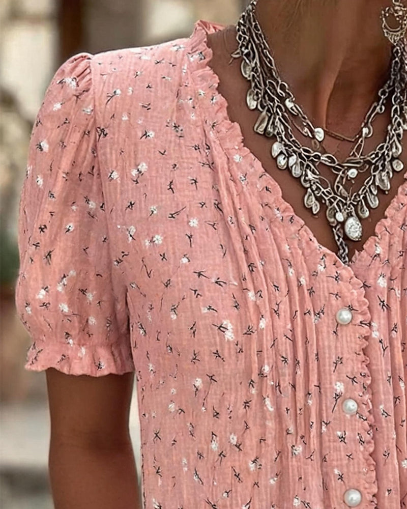 Bluse Pufferme Blomstret Trykk Kortermet