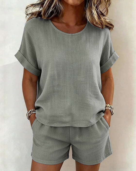 Set Solid Rund Hals Kort Erme Shorts