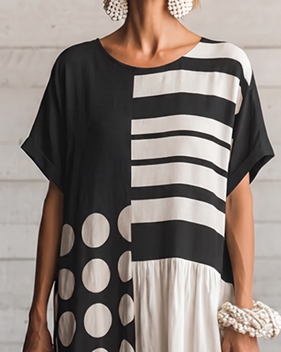 Kjole Rund Hals Kort Erme Prikket Patchwork