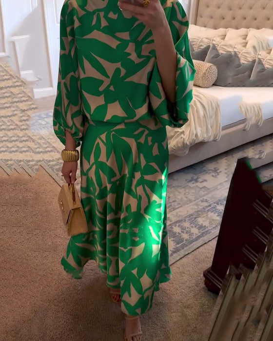 Sett Kjole Avslappet Trykt Lykt Ermer Temperament