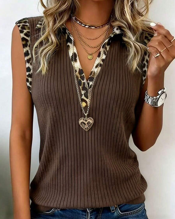Bluse Jakkeslag Leopard Trykk Ermeløs Ribbet