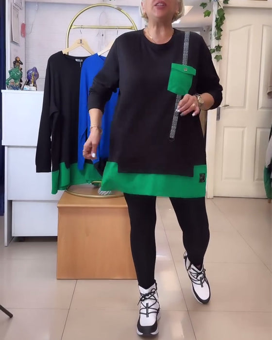 Sweatshirt uformell rundhalslomme kontrastfarge