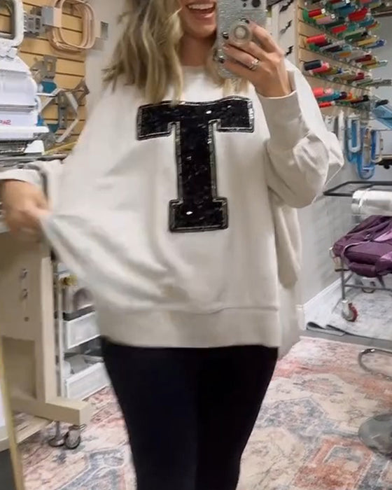 Sweatshirt T-Design Paljett Brodert Rund Hals