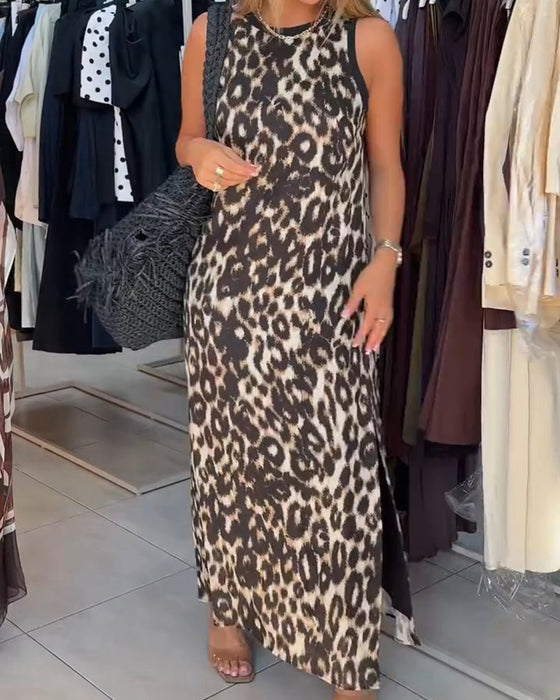 Kjole Rundhalset Leopardmønster Ermeløs Maxi