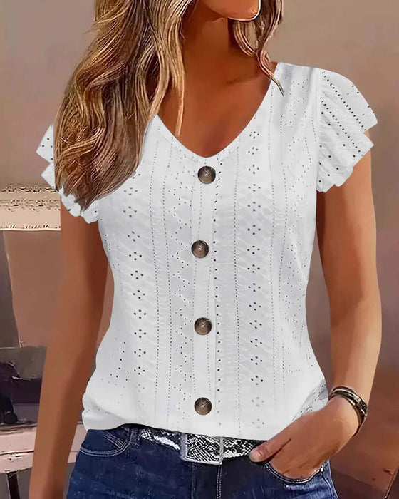 Bluse Fladdererme Uthuling Knapp