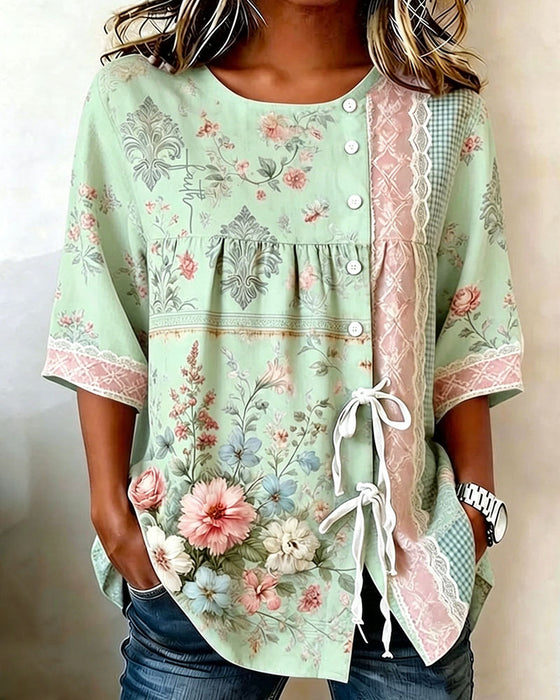 Bluse Retro Blomstermønster Avslappet