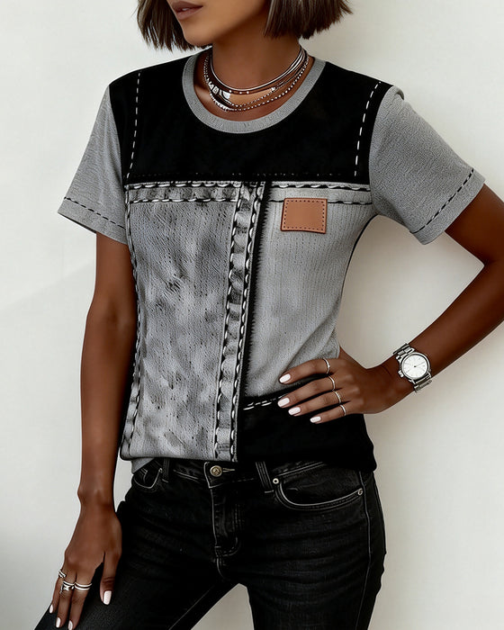 T-Skjorte Fargeblokkpanel Rund Hals Kortærme