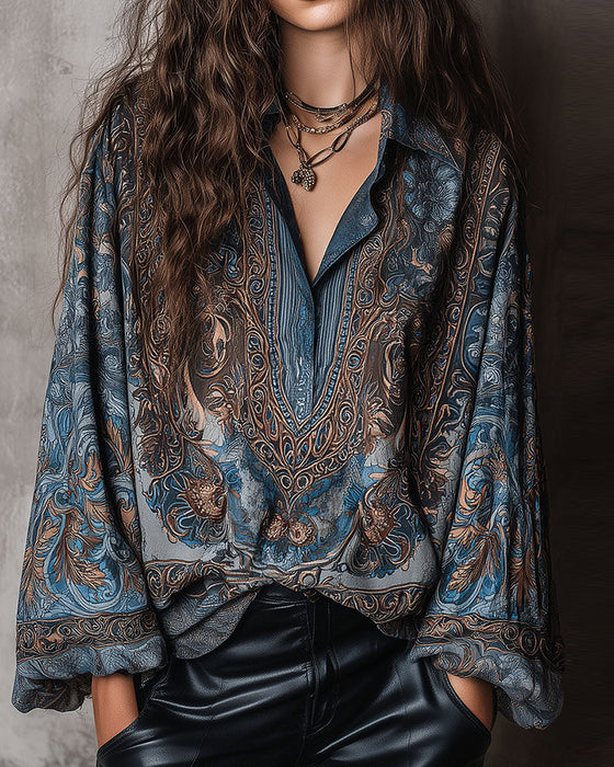 Bluse Retro Trykk V-hals Slårsmåkrage Sofistikert
