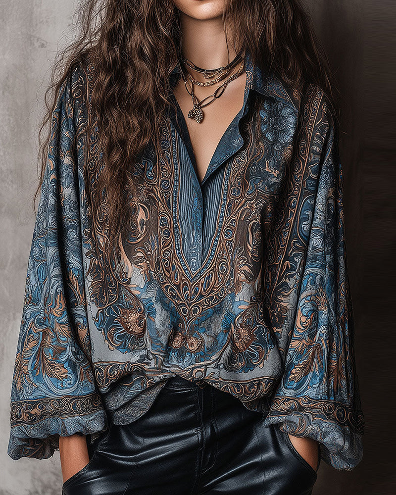 Bluse Retro Trykk V-hals Slårsmåkrage Sofistikert