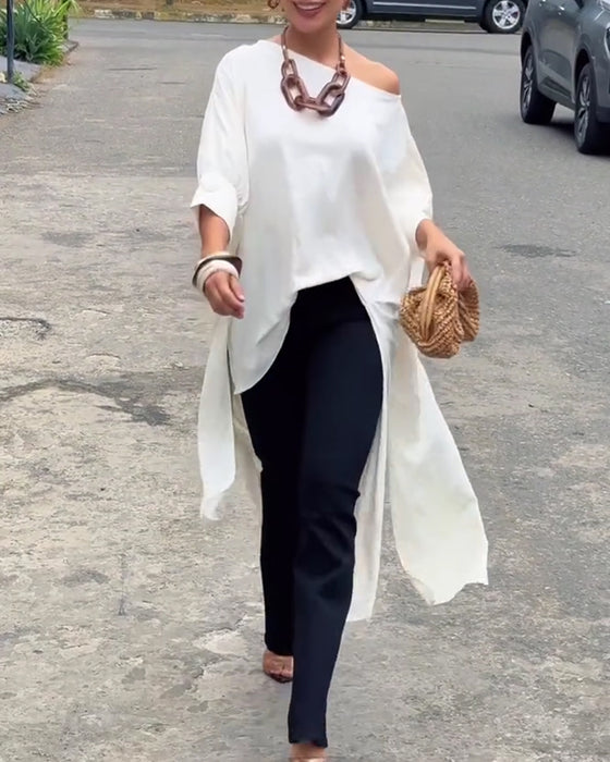 Bluse Asymmetrisk Hals Uregelmessig Splitt Albuelang Erme