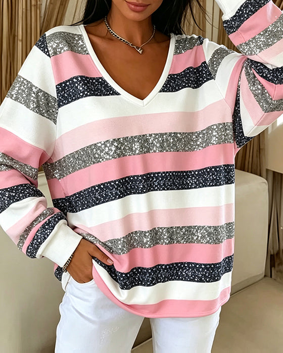 Sweatshirt V-Hals Fargeblokk Stripe Casual