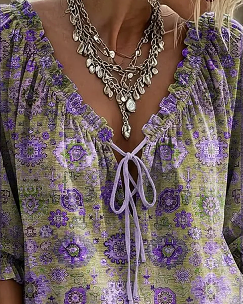Bluse V-Hals Knyting Vintage Trykk