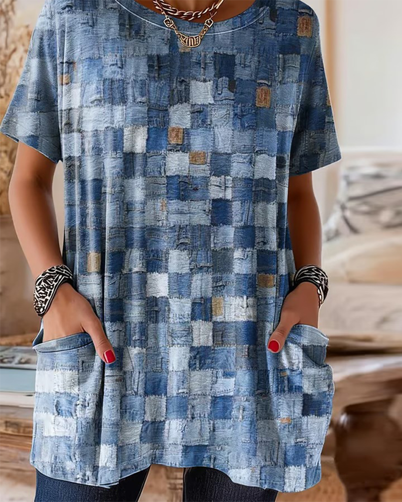 T-Skjorte Farget Rute Trykk Kort Ermet