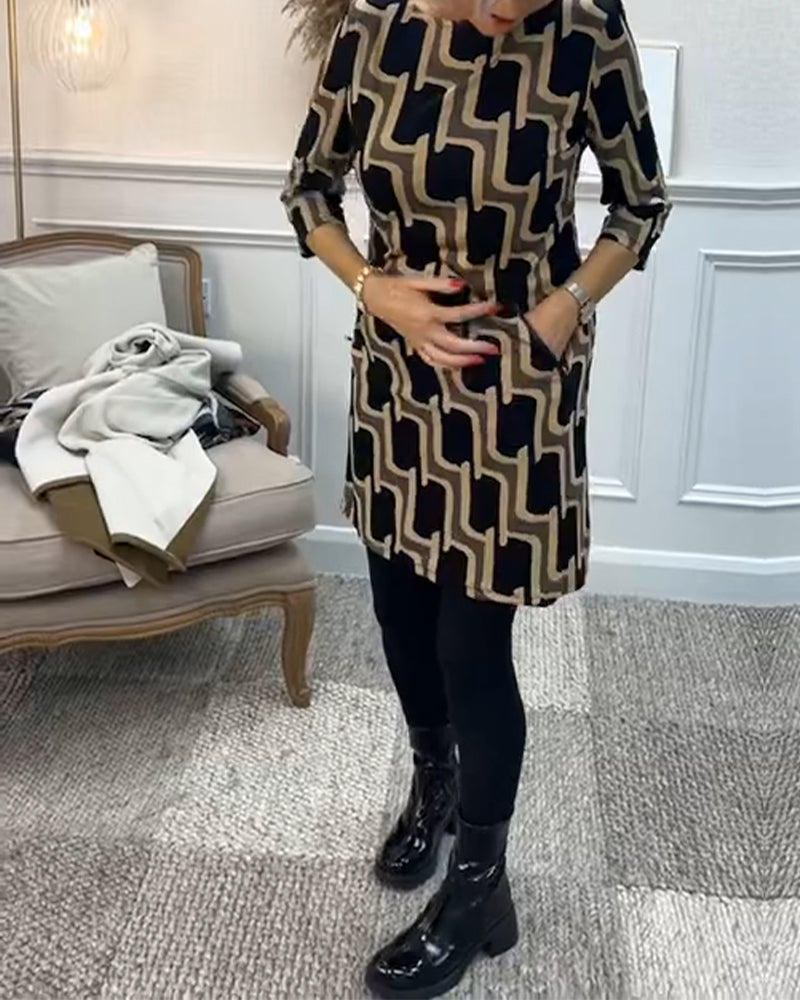 Rund hals trykt slim fit kjole