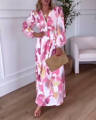 Langermet trykt elegant maxikjole med v-hals