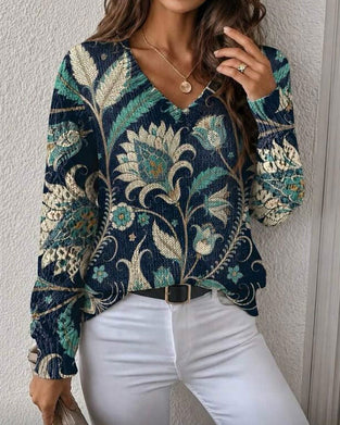 Pullover V-Hals Langermet Blomstret Trykk