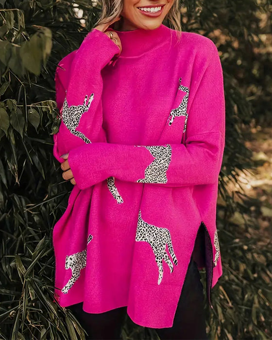 Stilig løs genser med leopardmønster med høy hals