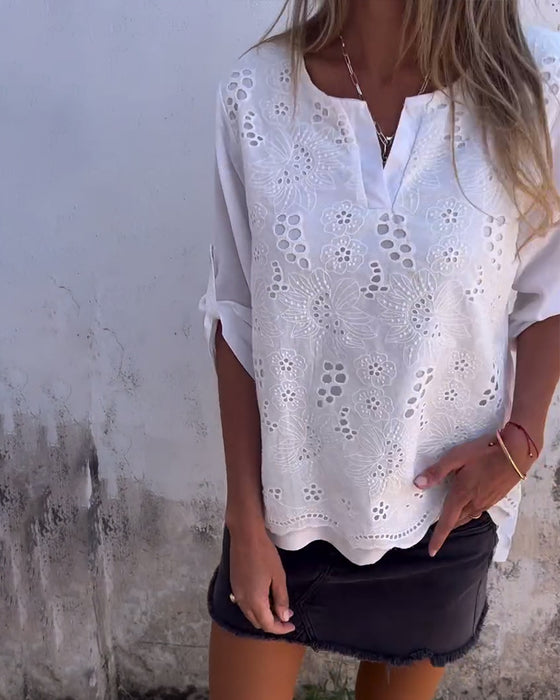 Bluse Ensfarget Patchwork Trykket Oppbrettbar Erme