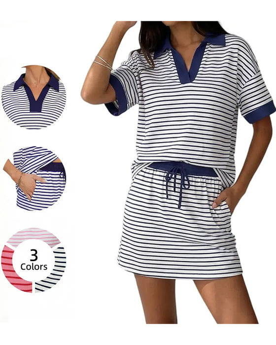 Set Kontrast Stripe Polo Kort Erme Skjørt
