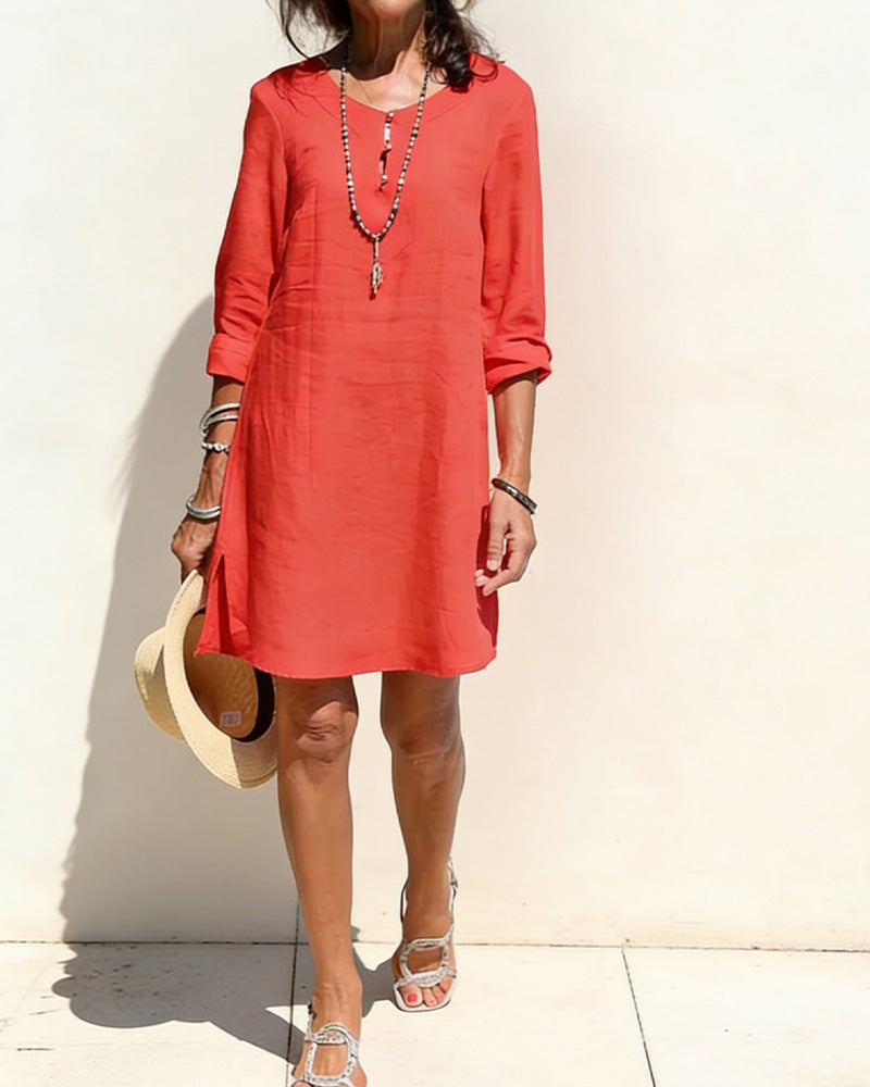 Kjole Halv Knappestolpe Sidesplitt Bomull Og Lin