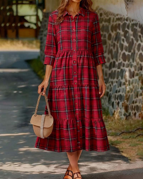 Kjole Plaid Sju-Kvart Erme Lagdelt