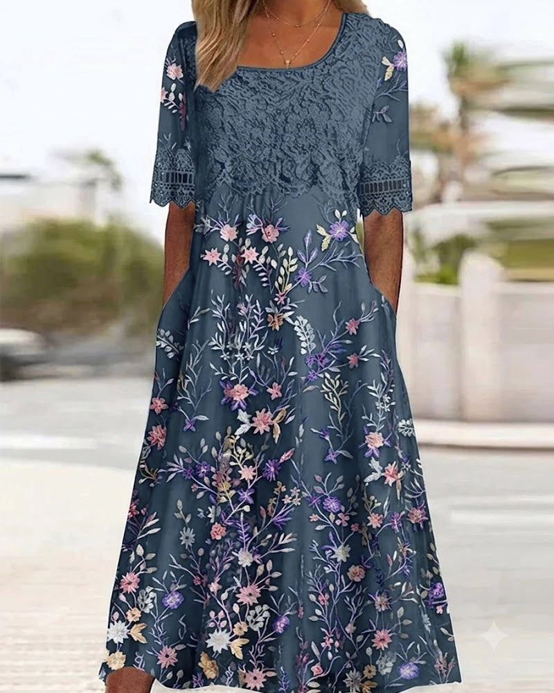 Kjole Blonder Blomstermønster Patchwork A-Linje