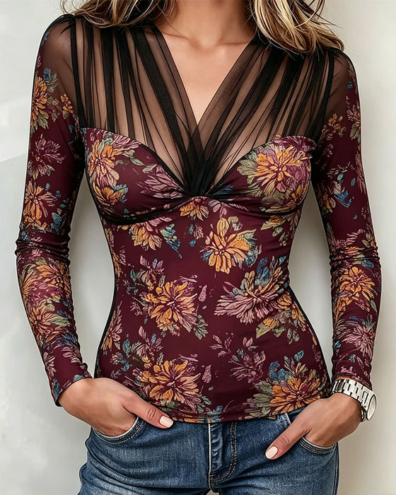 Topp V-Hals Blomstret Casual