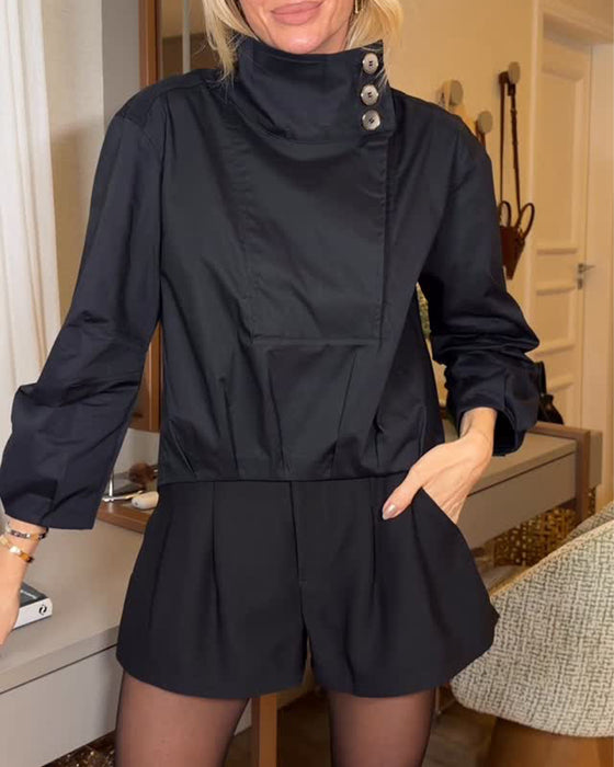 Bluse Asymmetrisk Ståkrage Diagonal Knapp