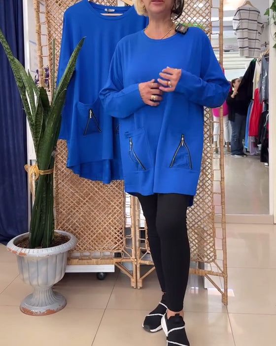 Genser med rund hals ensfarget glidelåslomme