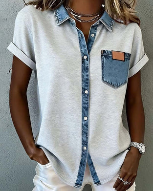 T-Skjorte Denim Patchwork Nedbrettet Krage