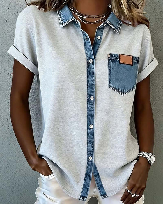 T-Skjorte Denim Patchwork Nedbrettet Krage
