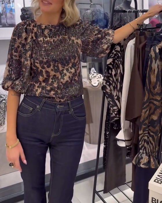 Bluse Med Lanterneermer Paljetter Leopardmønster