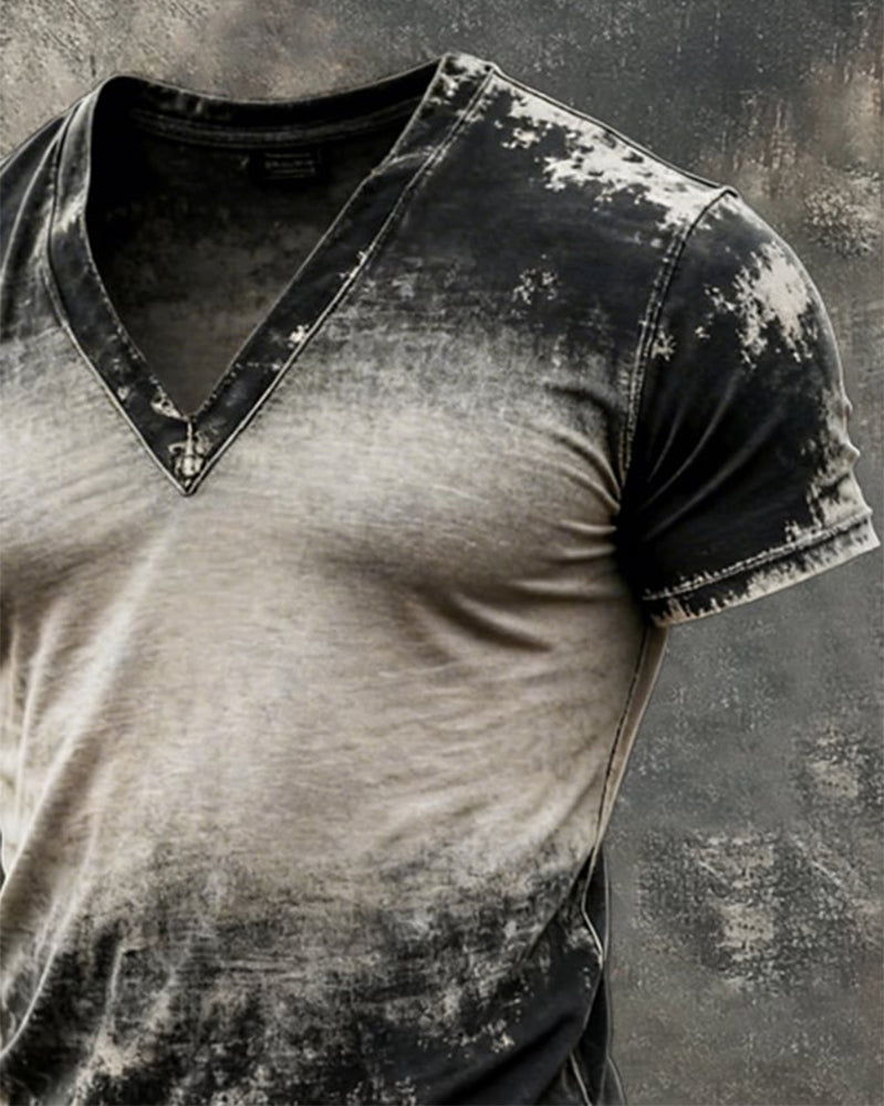 Retro Herretop Med Slitt Utseende, Fargeblokkdesign, V-Hals Og Korte Ermer