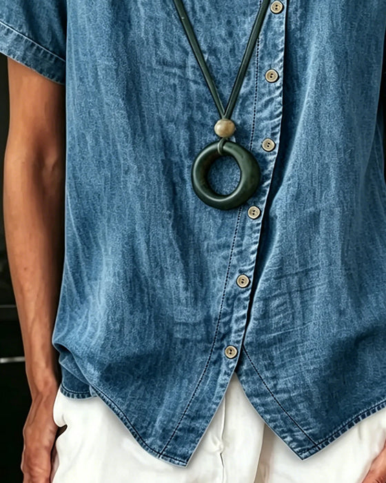 Bluse Asymmetrisk Rund Hals Denim