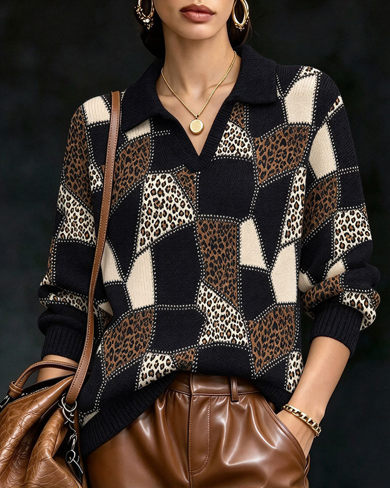 Pullover Kraget V-Hals Leopardmønster Fargeblokk