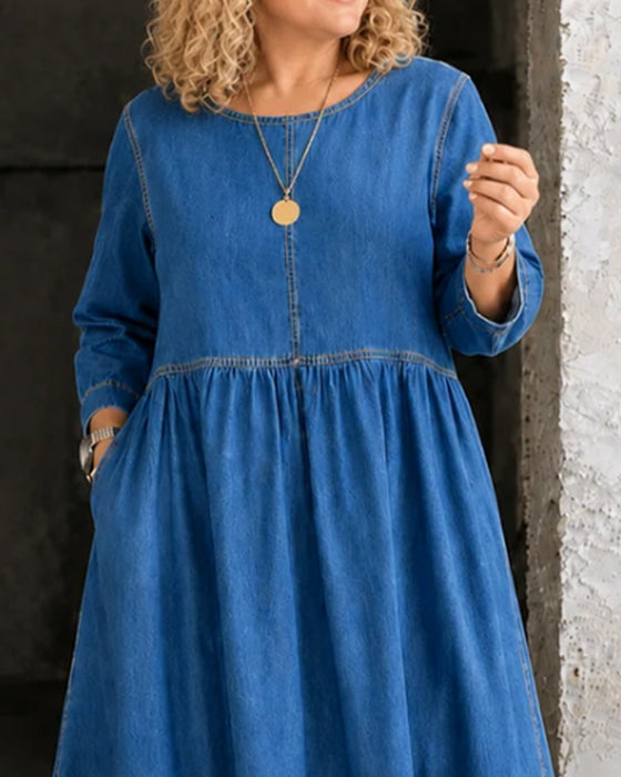 Kjole Rund Hals Plissert Lang Erme Denim