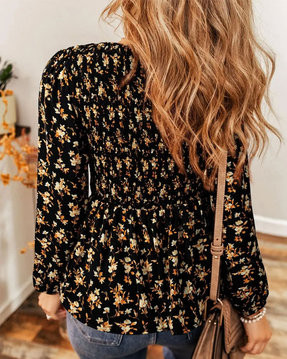 Bluse Blomstret Rynket Lang Erme