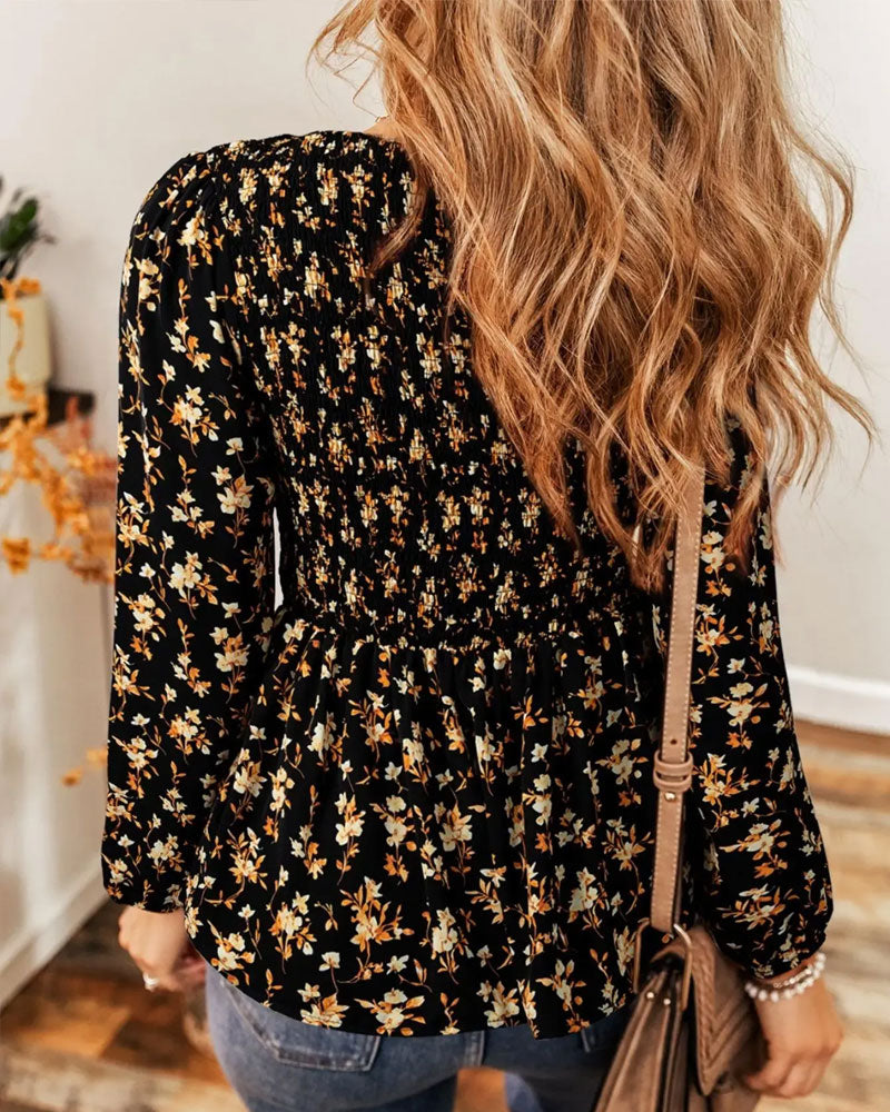 Bluse Blomstret Rynket Lang Erme