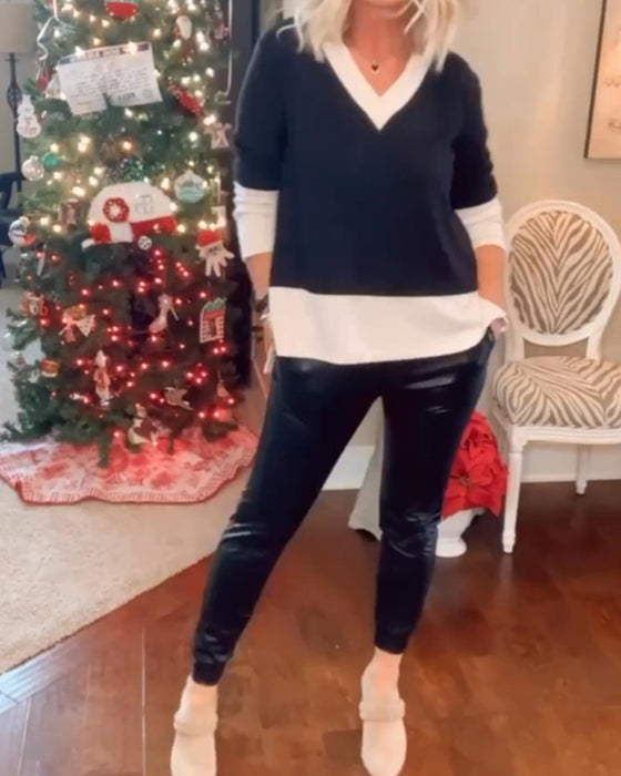 Avslappet topp i fargeblokk v-hals