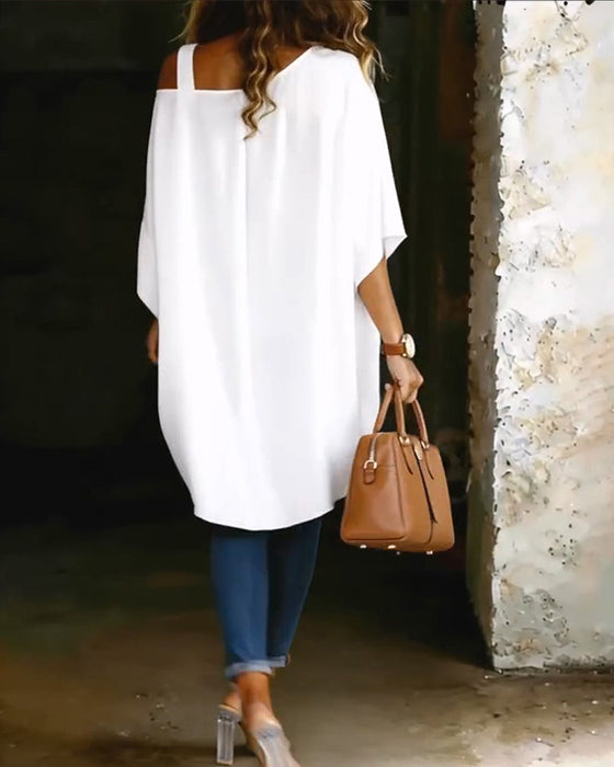 Bluse Asymmetrisk Cold Shoulder Ensfarget Avslappet