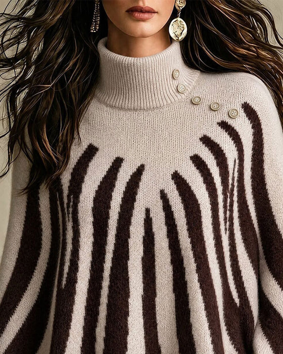 Pullover Halsring Knapp Stripet Bølgete
