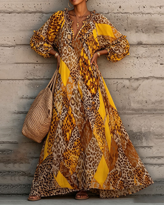 Kjole Leopard Fargeblokk Ruffle V-Hals