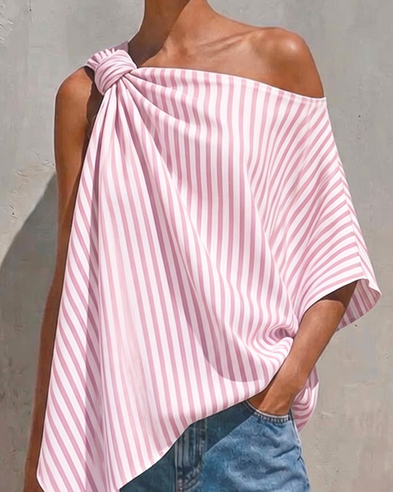 Bluse Stripet Løs Asymmetrisk Design