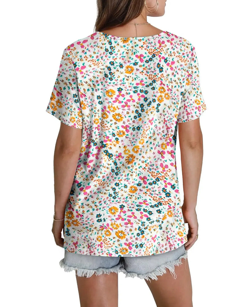 Bluse Blomstret V-Hals Kortermet