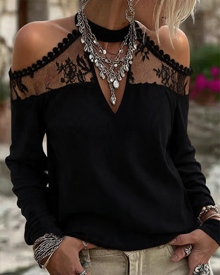 T-Shirt V-Hals Blonder Patchwork Off-Shoulder